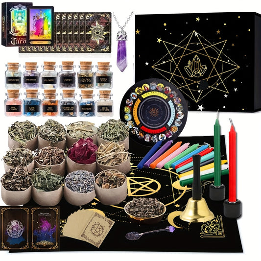 135pcs Witchcraft Starter Kit, Witch Accessories with Candles, Dried Flowers, Amethyst Pendulum, Crystals, Wooden Boards, Parchment Paper, Witch Decoration Magic Candles Wicca Accessories Candles, for Halloween