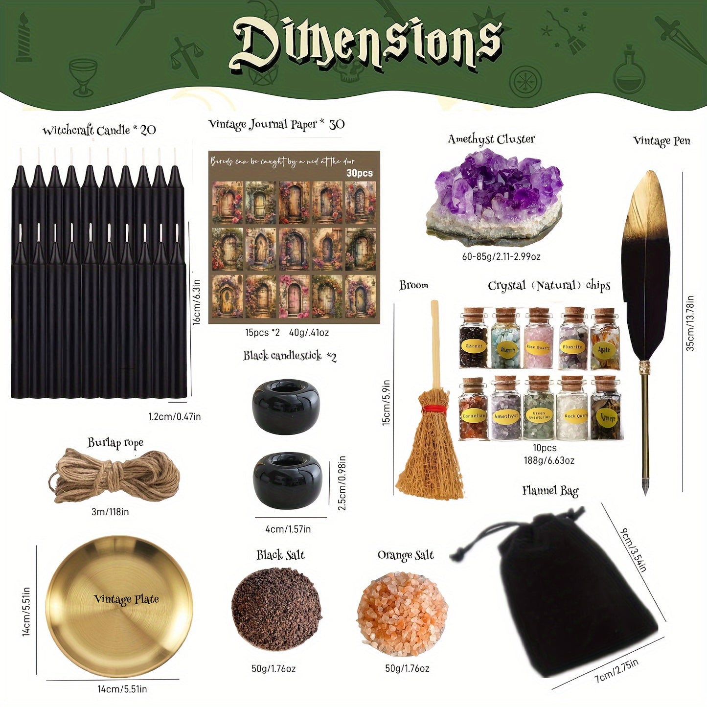 Witchcraft Starter Kit - 70pcs Set with Candles, Vintage Journaling Paper, Quill Pen, Jar, Broom & Black Salt