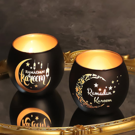 2pcs Vintage Glass Ramadan Candle Holders - Lacquered Finish, Tabletop Islamic Moon Star Design, Eid Al-Fitr Decor, No Electricity or Battery Needed, Ideal for Home & Party Decorations - Ramadan Kareem (Candles Not Included)