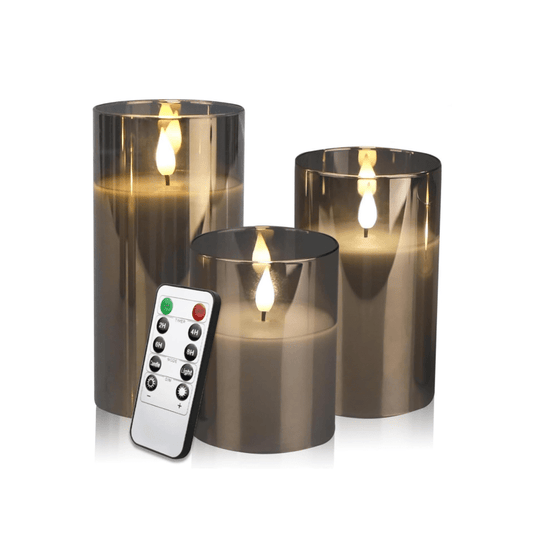 Wax Candle Sets with LED Moving Flame, Battery Operated Candles with Timer and Remote, Gray Glass Effect Candles for Home, Wedding, Festival, and Halloween Decor