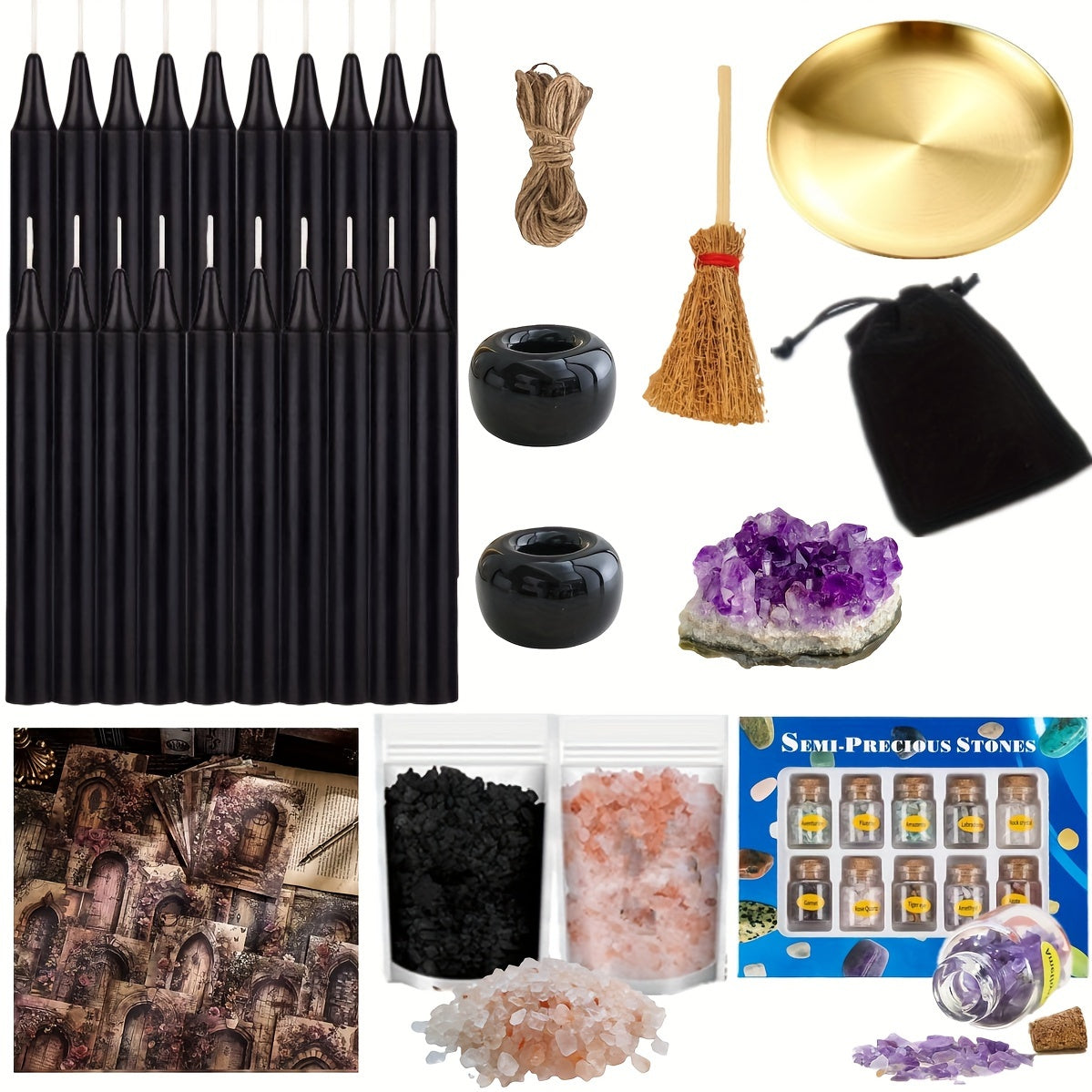 Witchcraft Starter Kit - 70pcs Set with Candles, Vintage Journaling Paper, Quill Pen, Jar, Broom & Black Salt