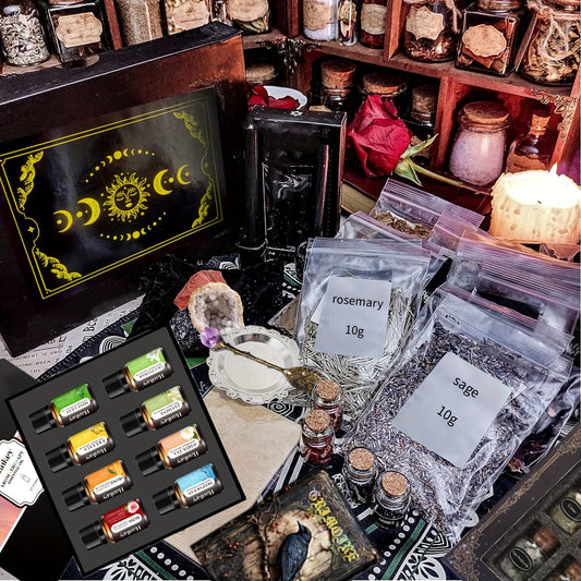 Witchcraft Supplies Wiccan Tools for Beginners - 62 Set Witchy Gifts Starter Kit Box - Crystals for Witchcraft Spell Jars Candles - Spiritual Altar Witch Stuff for Pagan Gothic Room Decor