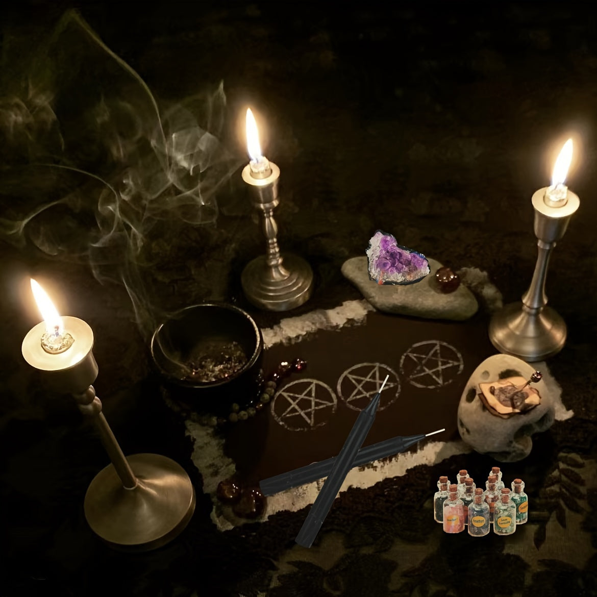 Witchcraft Starter Kit - 70pcs Set with Candles, Vintage Journaling Paper, Quill Pen, Jar, Broom & Black Salt