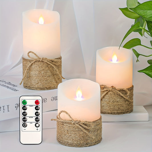 3pcs Set, Flameless Candles, Flickering LED Pillar Candles, with Remote Control, Battery-powered, with Hemp Rope, Suitable for Halloween, Home Bedrooms, Churches And Other Decorations