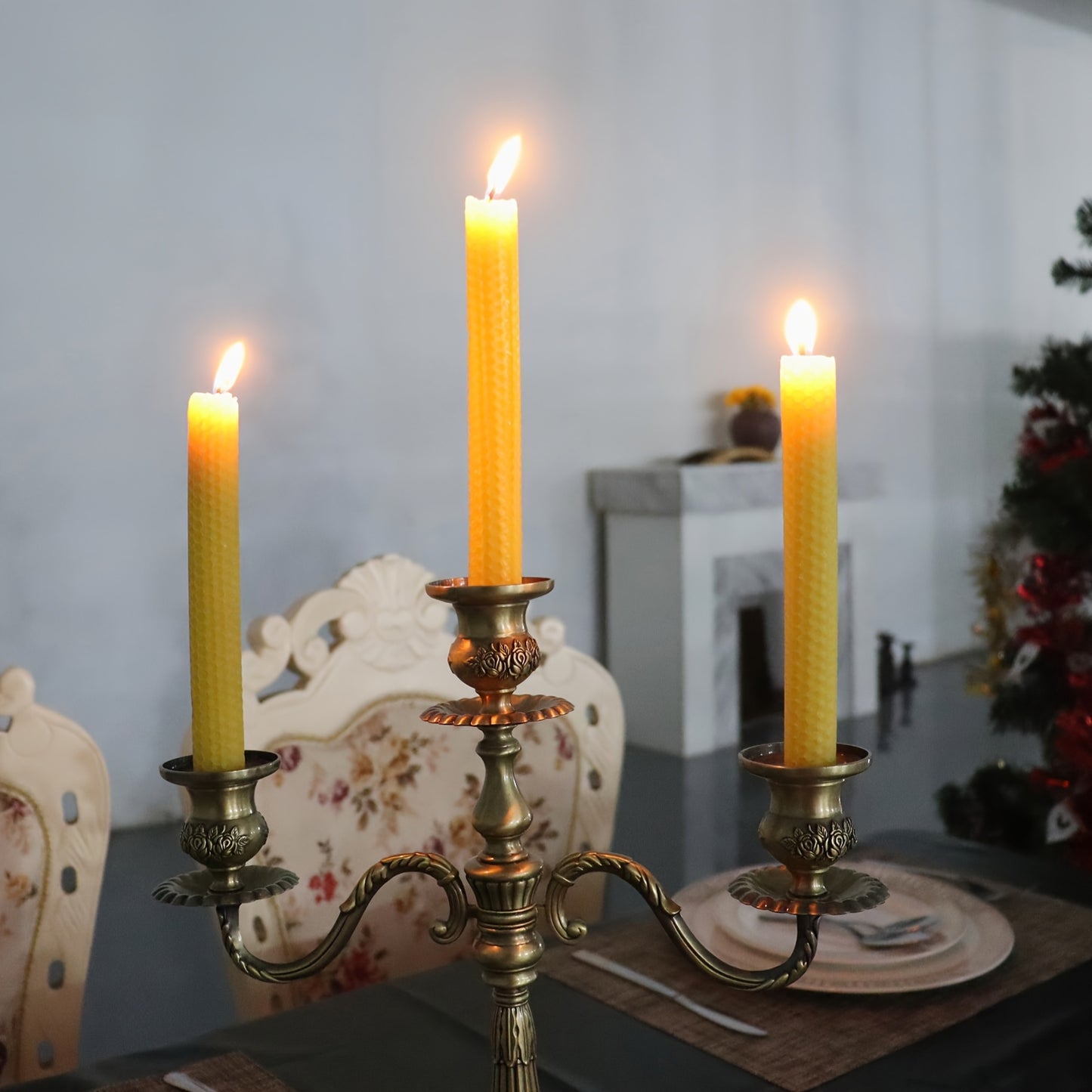 Beeswax Taper Candles 8" 6pcs Set - Natural Beeswax Hand-Rolled Beehive Texture Flat Top Candle Sticks, Natural Honey Aroma Candles For Dating, Party, Event, Gift & Home Decor