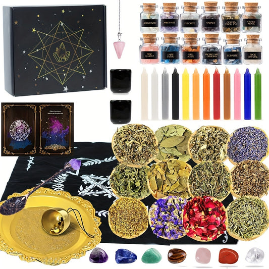 49pcs Witchcraft Starter Kit - Complete Ritual Set with Aromatic Candles, Natural Crystal 7 Chakra, Jars, Herbs, Guided Spells And Essential Tools for Creating A Sacred Witch Altar - Ideal for Beginners And Seasoned Practitio