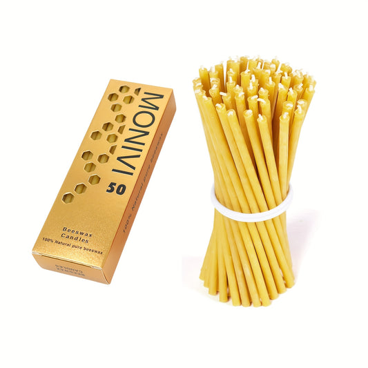50pcs Natural Beeswax Taper Candles 6.3" & 7.3" - Smokeless Thin Taper Candle Sticks with Elegant Glowing Finish for Hanukkah, Christmas, Church, Prayer, Birthdays & Indoor Decor, Holiday Candlesticks | Simple Candle Design |