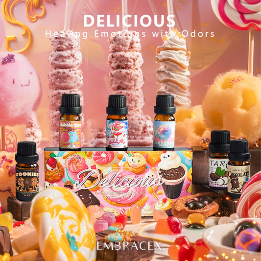 6pcs/1Set Essential Oil Gift Box Delicious Oils Bubble Gum, Chocolate, Cookies, Lollipop, Marshmallow, Taro Gourmet Fragrance Can Be Used in Aroma Machine, Humidifier, Massage, Making Candles/Soap