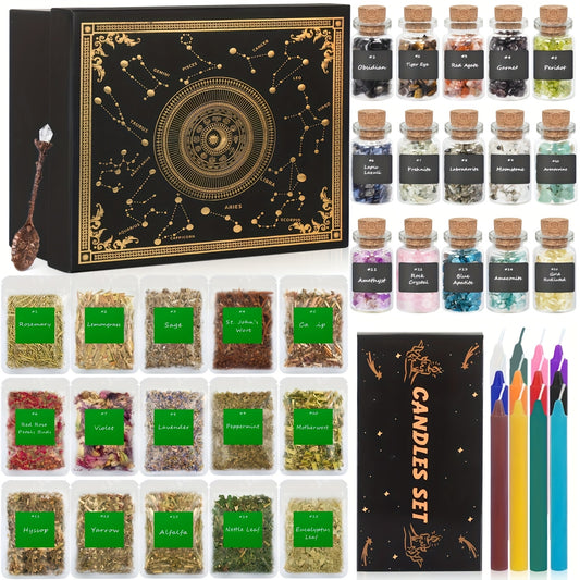 15pcs Of Crystals, 12pcs Of Herbs, 15pcs Of Magical Color Candles, 15pcs Of Paper, 1pc Of Crystal Spoon, 60pcs Witchcraft Supplies Kit- Mothers Wedding Day Divination Kit-for Beginners, Experienced Witch, Pagan Decorative Alt