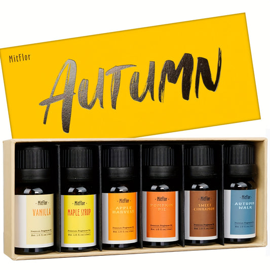 6x0.34oz Autumn Essential Oils for Diffusers for Home, MitFlor Fragrance Oils Set, 6 Fall Scents, Natural Aromatherapy Oils, for Candles Making, for Humidifiers