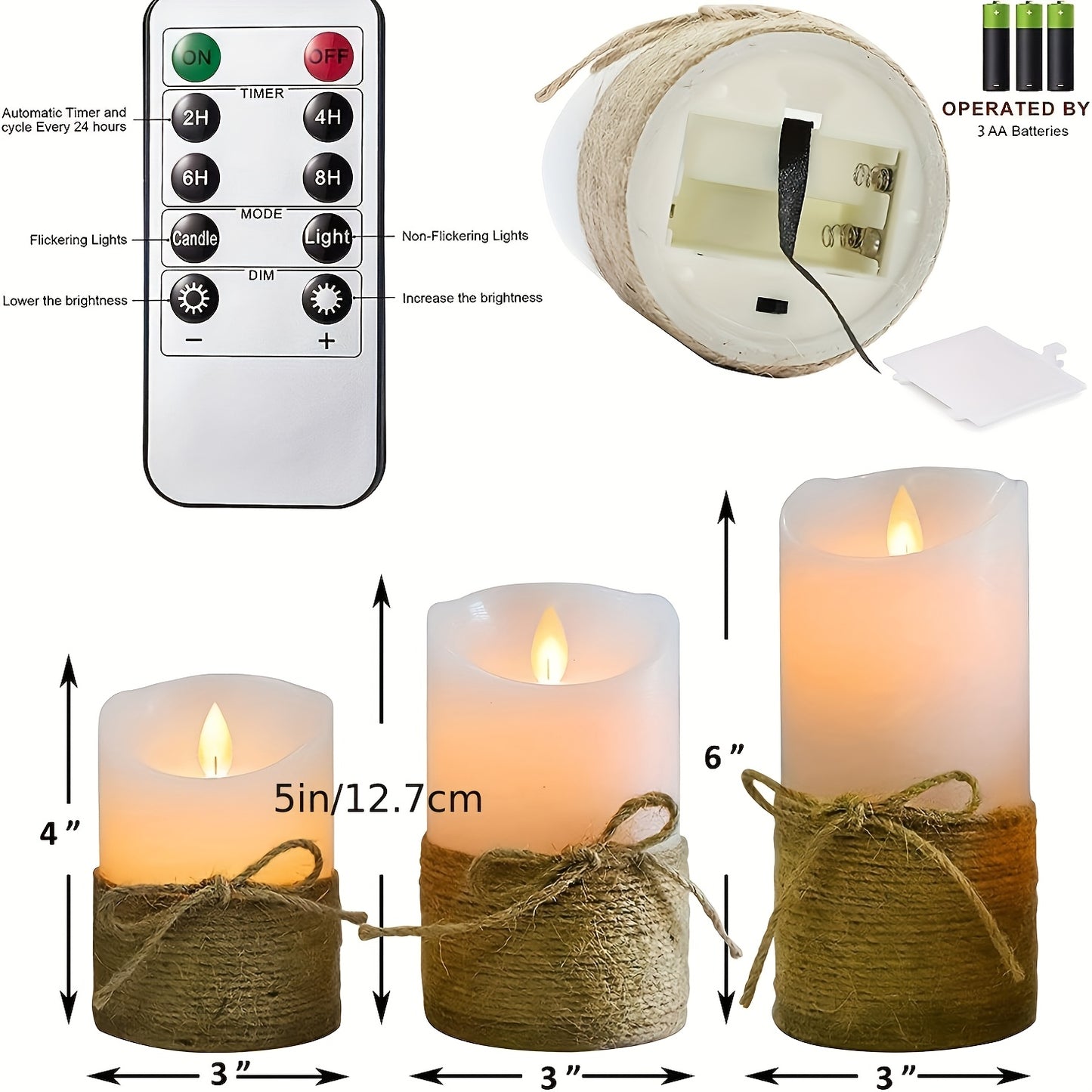 3pcs Set, Flameless Candles, Flickering LED Pillar Candles, with Remote Control, Battery-powered, with Hemp Rope, Suitable for Halloween, Home Bedrooms, Churches And Other Decorations