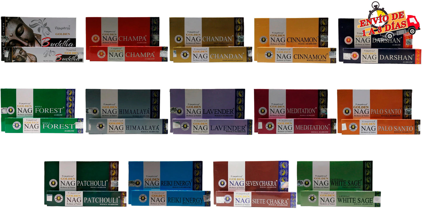Golden Buddha incense, Nag Champa, Chandan, Cinnamon, Darshan, Forest, Himalaya, Lavender, meditation, Palo Santo, patchouli, Reiki Energy, Seven Chakra, White Sage,