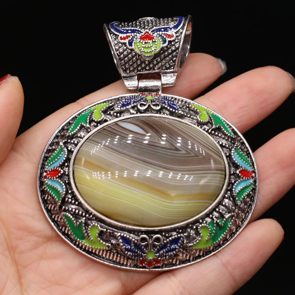 Vintage Ethnic Natural Stone Crystal Agates Charms Elliptical Boho Abalone Shell Pendant for Jewelry Making DIY Necklace Gift