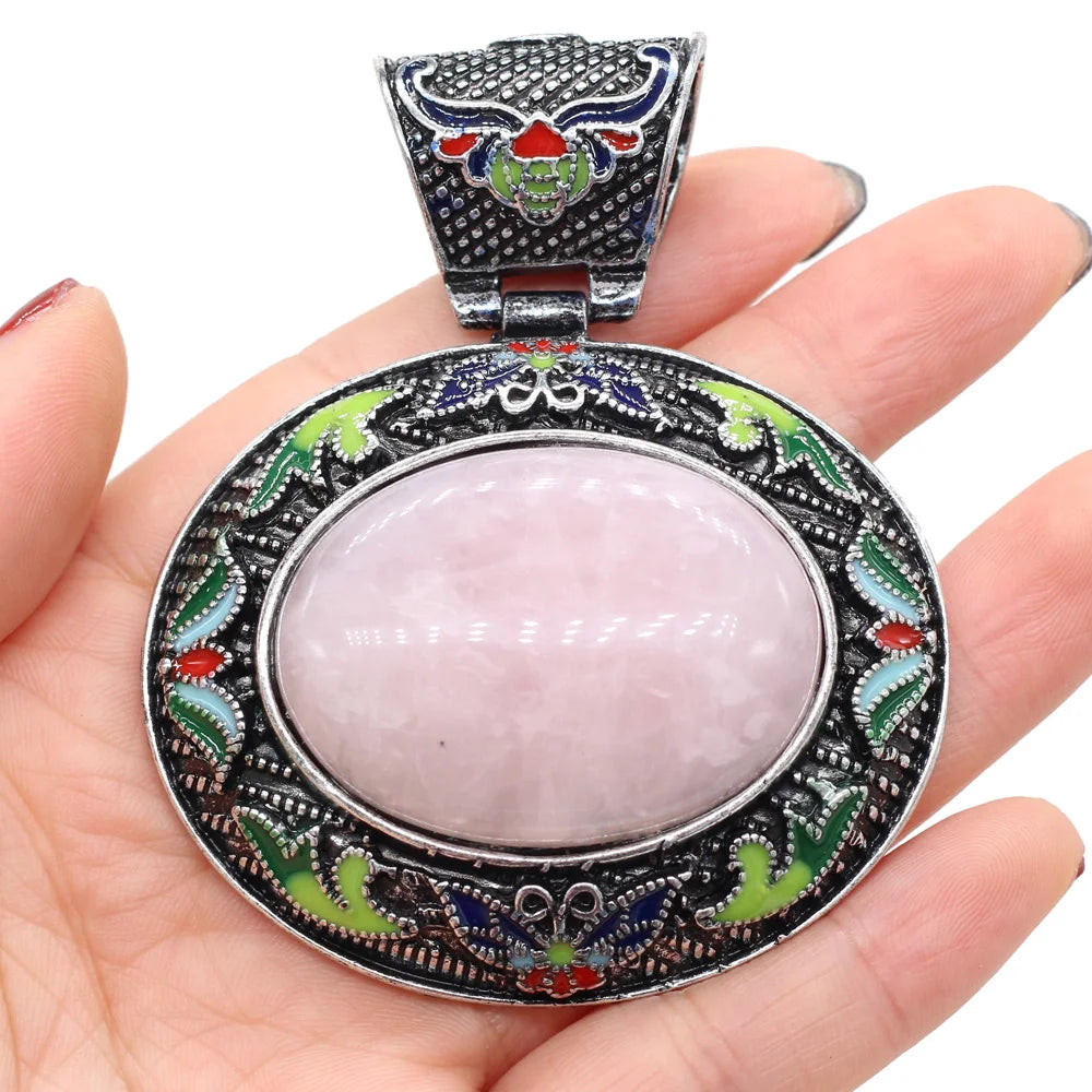 Vintage Ethnic Natural Stone Crystal Agates Charms Elliptical Boho Abalone Shell Pendant for Jewelry Making DIY Necklace Gift