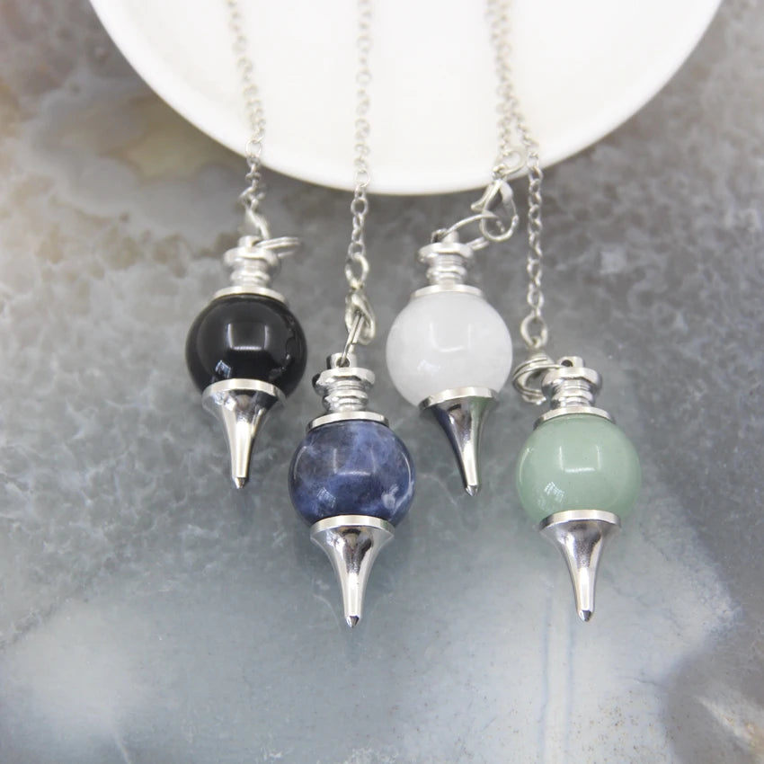 Natural Rose Quartz Labradorite Pendulum for Dowsing Divination Round beads Stone Crystal Cone Pendants pendulos Jewelry