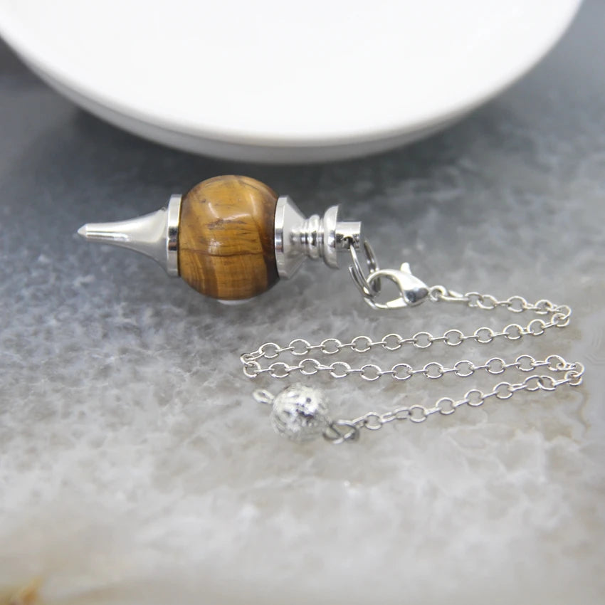 Natural Rose Quartz Labradorite Pendulum for Dowsing Divination Round beads Stone Crystal Cone Pendants pendulos Jewelry