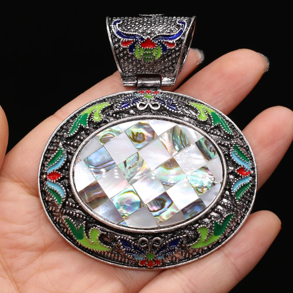 Vintage Ethnic Natural Stone Crystal Agates Charms Elliptical Boho Abalone Shell Pendant for Jewelry Making DIY Necklace Gift