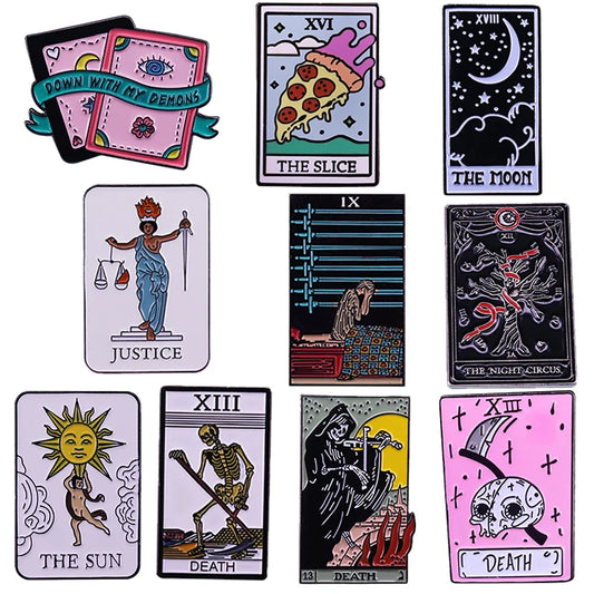 Tarot Card Enamel Pin Death Sun Moon Justice Slice Night Circus Demons Badge Witch brooch Mystical Witchcraft Divination Gift