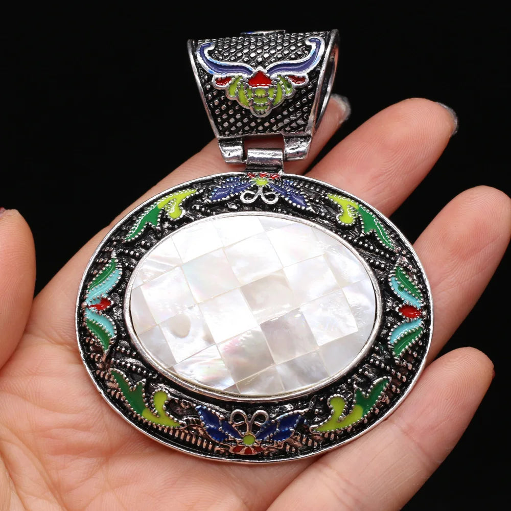Vintage Ethnic Natural Stone Crystal Agates Charms Elliptical Boho Abalone Shell Pendant for Jewelry Making DIY Necklace Gift
