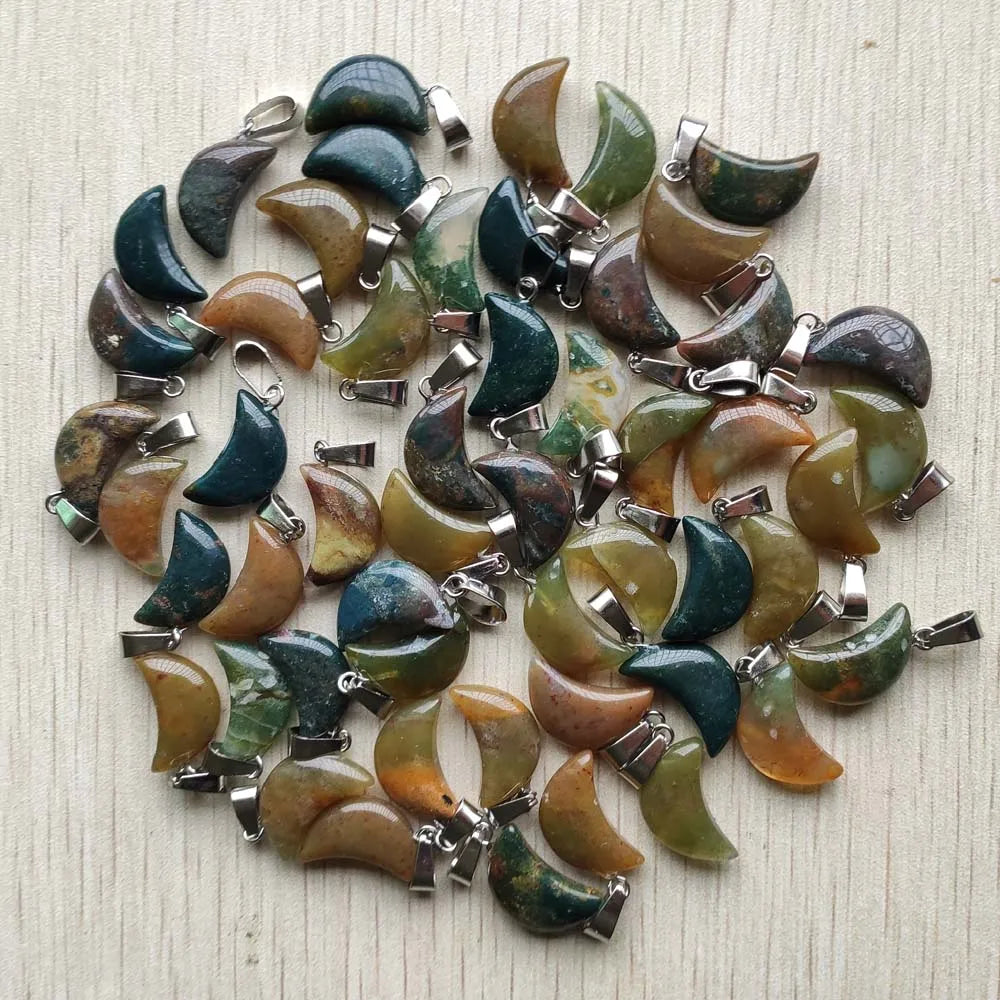 Good quality mix natural stone tiger eye white crystal moon shape pendants for jewelry making Wholesale 50pcs/lot