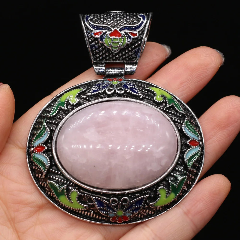 Vintage Ethnic Natural Stone Crystal Agates Charms Elliptical Boho Abalone Shell Pendant for Jewelry Making DIY Necklace Gift