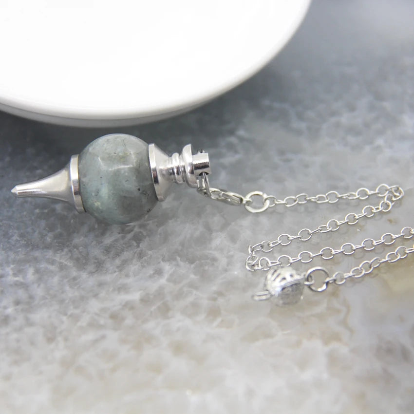 Natural Rose Quartz Labradorite Pendulum for Dowsing Divination Round beads Stone Crystal Cone Pendants pendulos Jewelry