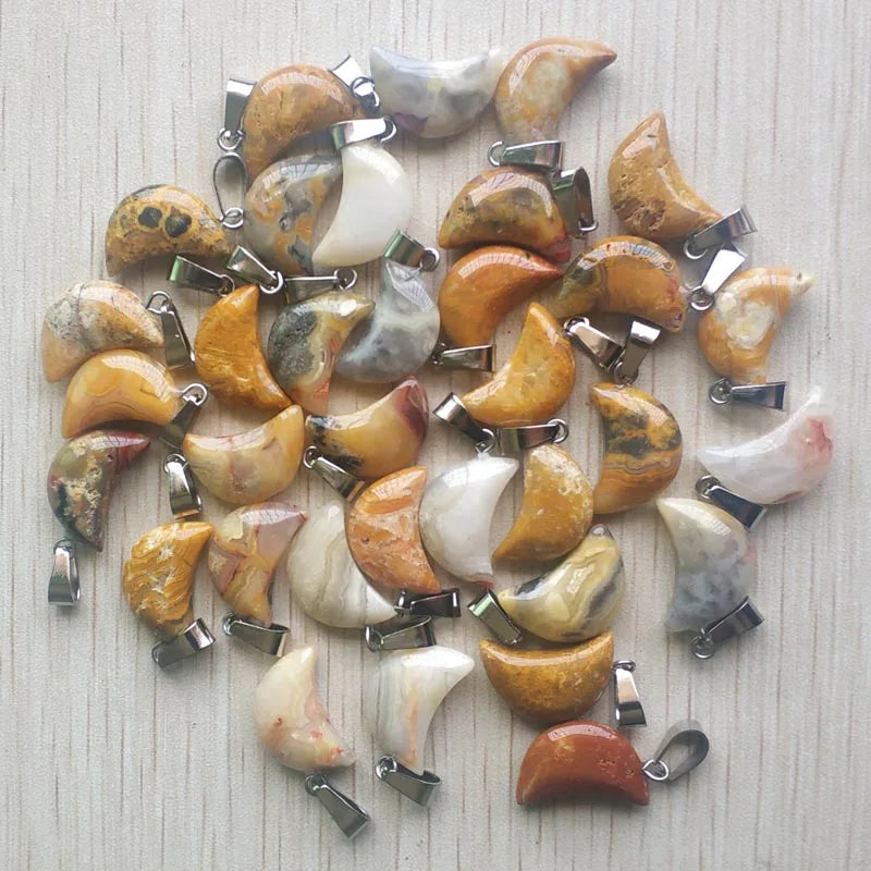 Good quality mix natural stone tiger eye white crystal moon shape pendants for jewelry making Wholesale 50pcs/lot