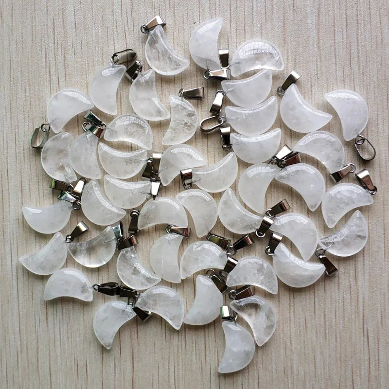 Good quality mix natural stone tiger eye white crystal moon shape pendants for jewelry making Wholesale 50pcs/lot