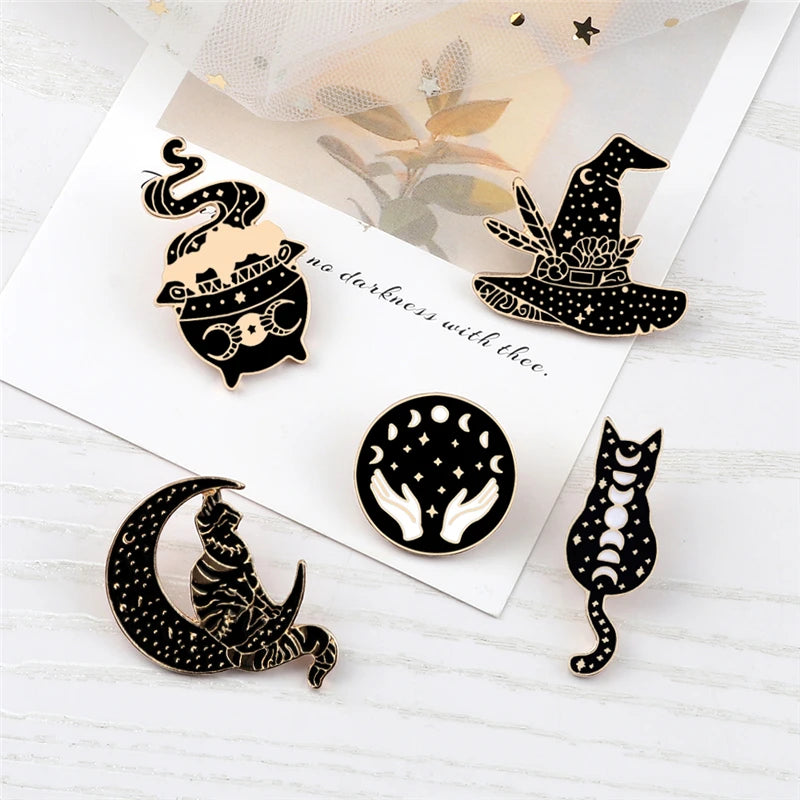 Witches Punk Black Enamel Pins Magical Hat Furnace Moon Cat Brooch Backpack Denim Lapel Pin Badge Dark Gothic Party Jewelry Gift