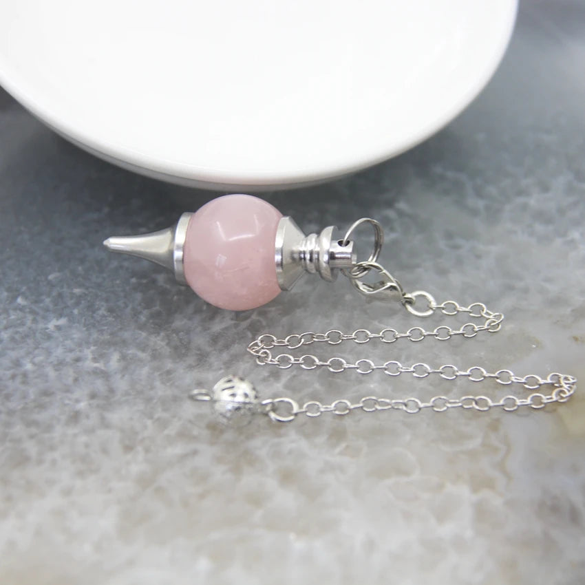 Natural Rose Quartz Labradorite Pendulum for Dowsing Divination Round beads Stone Crystal Cone Pendants pendulos Jewelry