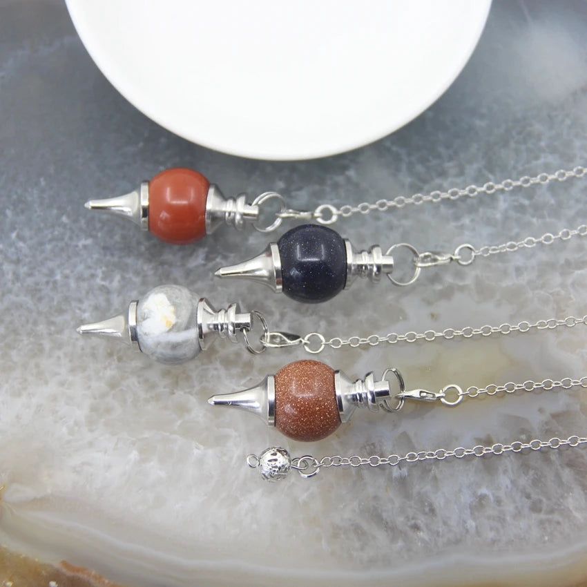 Natural Rose Quartz Labradorite Pendulum for Dowsing Divination Round beads Stone Crystal Cone Pendants pendulos Jewelry