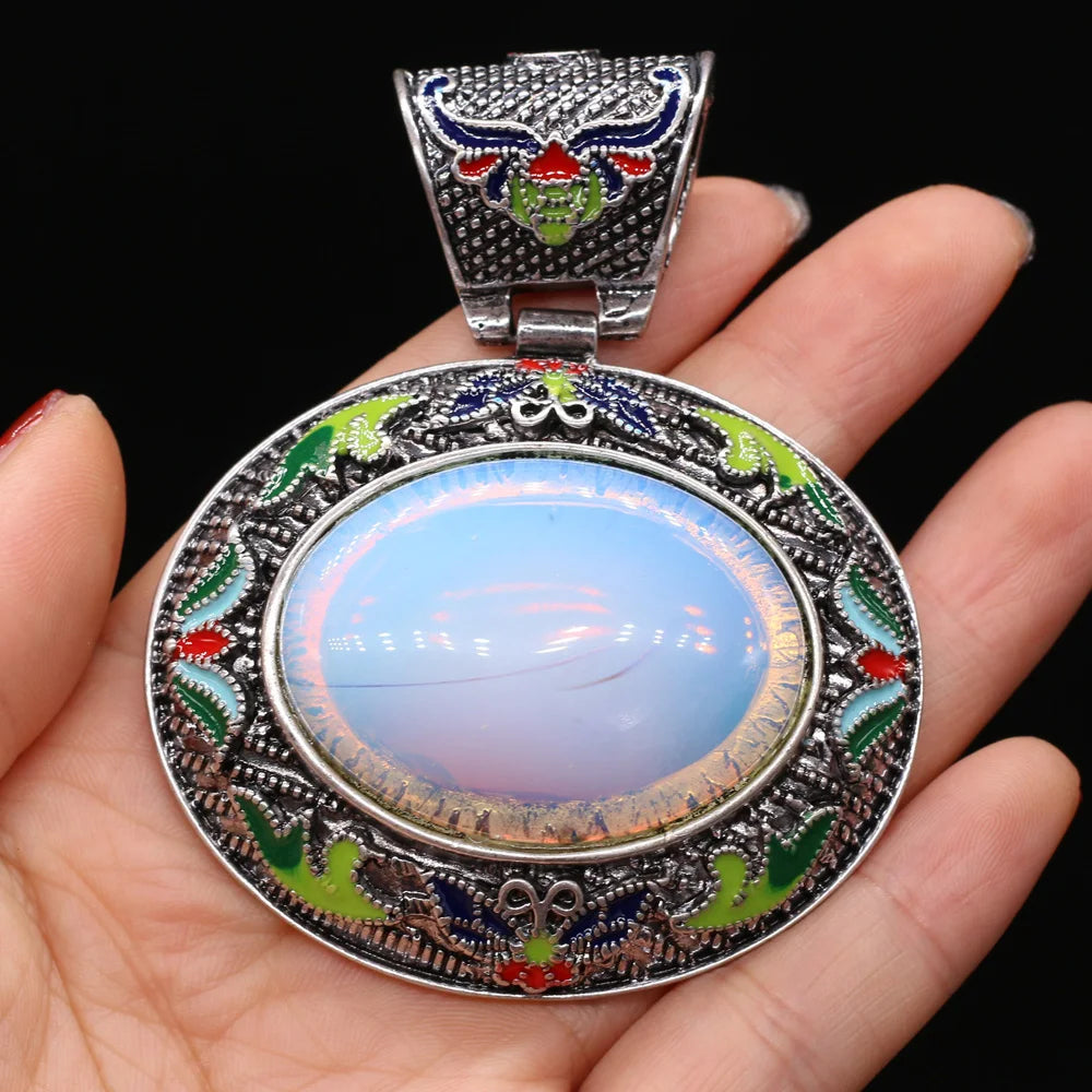 Vintage Ethnic Natural Stone Crystal Agates Charms Elliptical Boho Abalone Shell Pendant for Jewelry Making DIY Necklace Gift