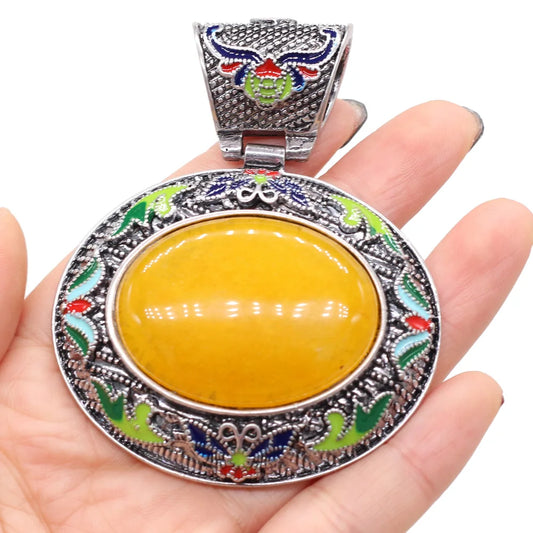 Vintage Ethnic Natural Stone Crystal Agates Charms Elliptical Boho Abalone Shell Pendant for Jewelry Making DIY Necklace Gift