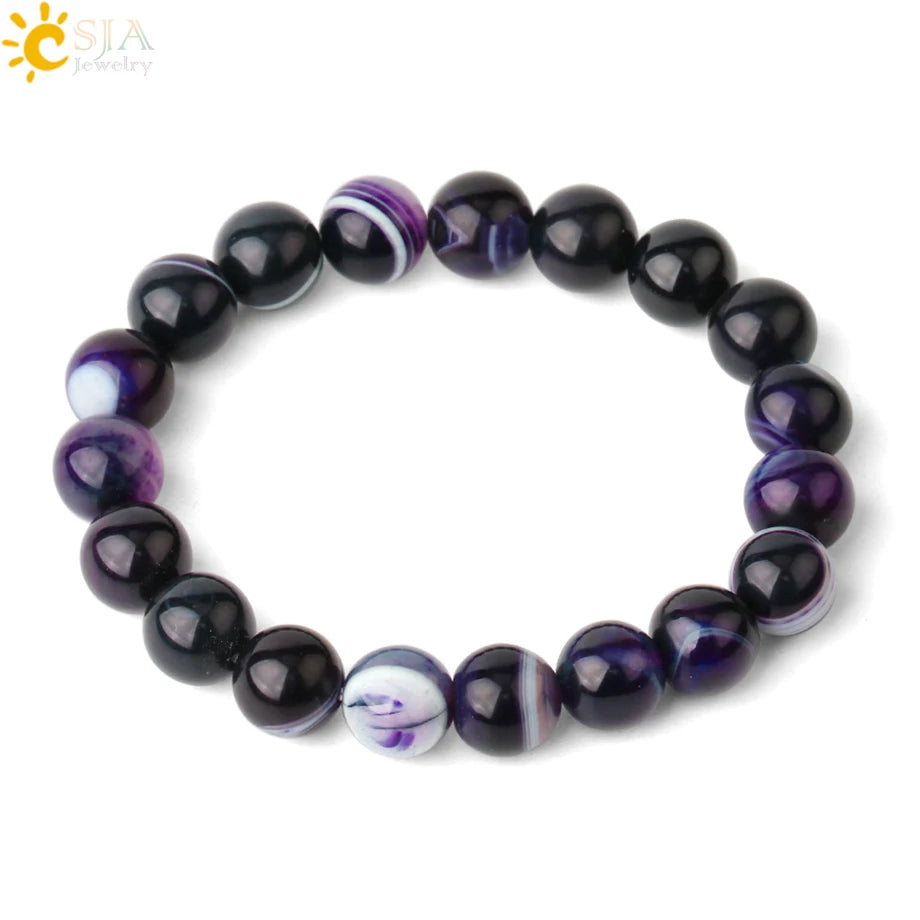 CSJA Natural Round Gem Stone Agates Onyx Men Bracelets Bangle 10mm Brown Stripe Ethnic Rosary Energy Beads Prayer Wristband F113