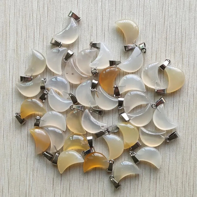Good quality mix natural stone tiger eye white crystal moon shape pendants for jewelry making Wholesale 50pcs/lot