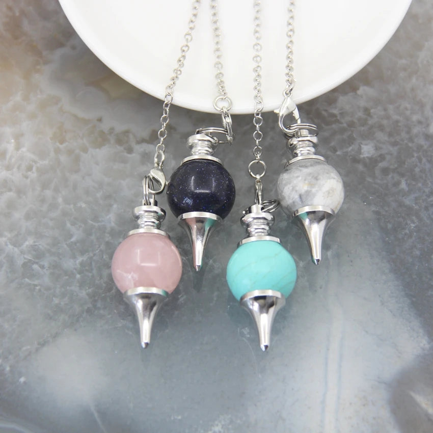 Natural Rose Quartz Labradorite Pendulum for Dowsing Divination Round beads Stone Crystal Cone Pendants pendulos Jewelry