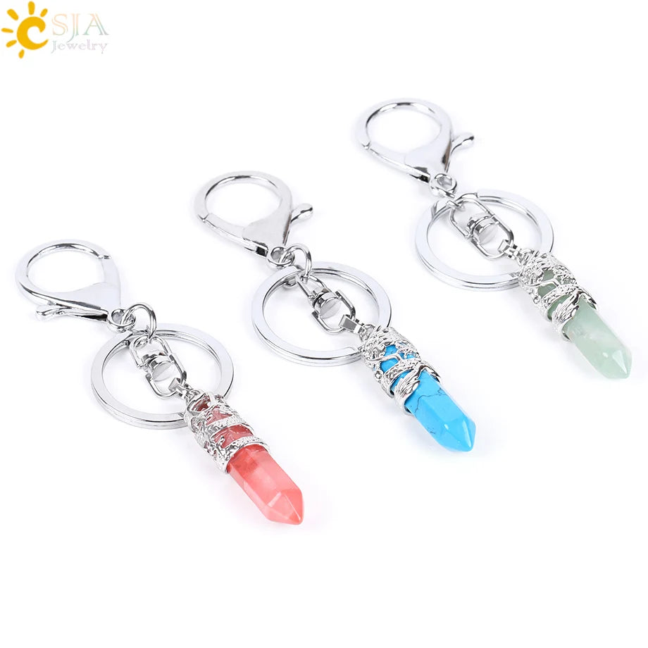 CSJA Natural Gem Stone Keychains Hexagonal Prism Point Pendant Lapis Lazuli White Crystal Opal for DIY Car Key Rings Chains E824