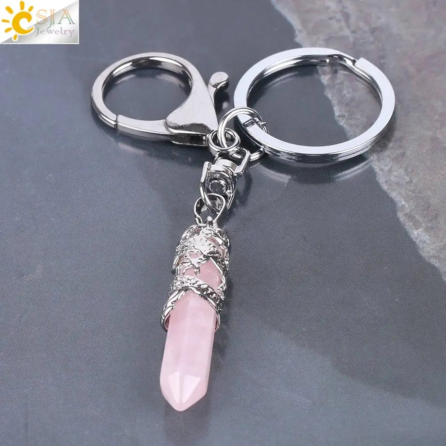 CSJA Natural Gem Stone Keychains Hexagonal Prism Point Pendant Lapis Lazuli White Crystal Opal for DIY Car Key Rings Chains E824