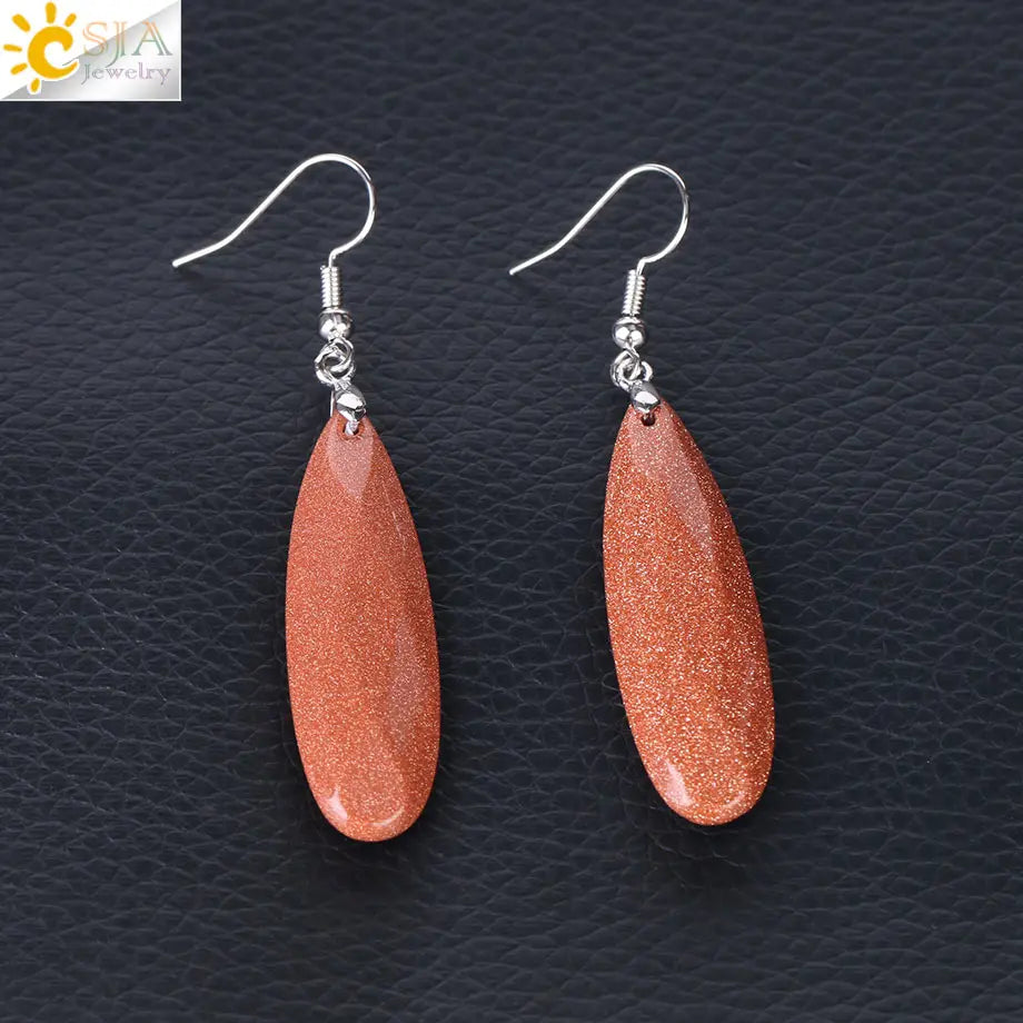 CSJA Dangle Long Earrings for Women Natural Stone Multifaceted Cutting Pendant Tiger Eye Crystal Lava Geometry Drop Earring F354