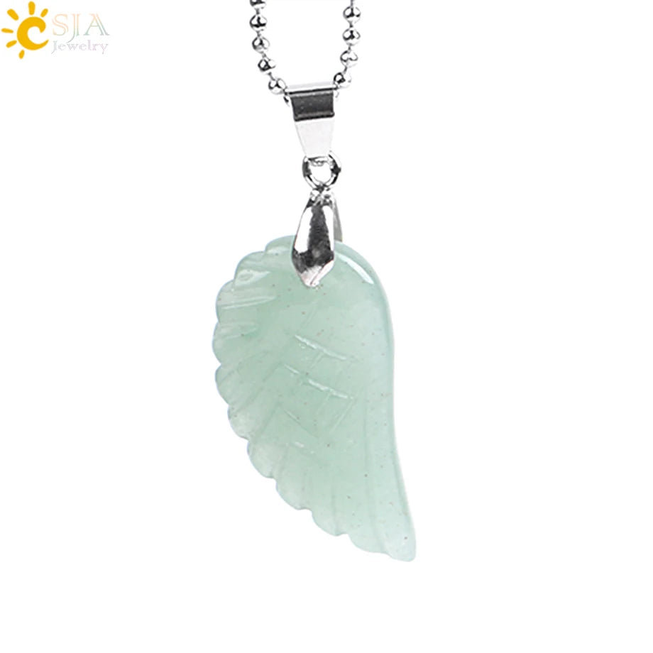 CSJA Natural Gem Stone Angel Wing Necklaces & Pendants Purple Pink Rock Crystal Lapis Lazuli Opal Green Aventurine Jewelry E768
