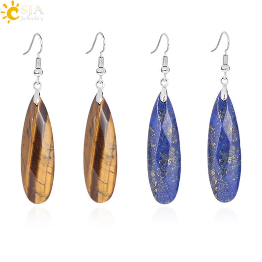 CSJA Dangle Long Earrings for Women Natural Stone Multifaceted Cutting Pendant Tiger Eye Crystal Lava Geometry Drop Earring F354