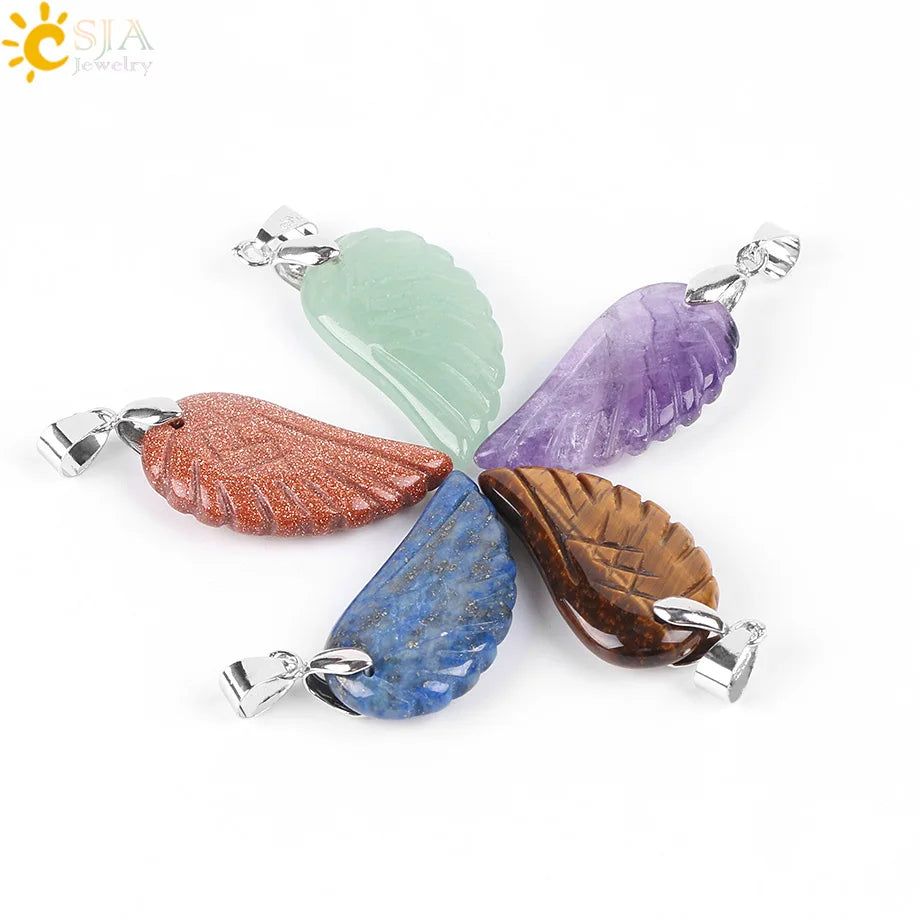 CSJA Natural Gem Stone Angel Wing Necklaces & Pendants Purple Pink Rock Crystal Lapis Lazuli Opal Green Aventurine Jewelry E768