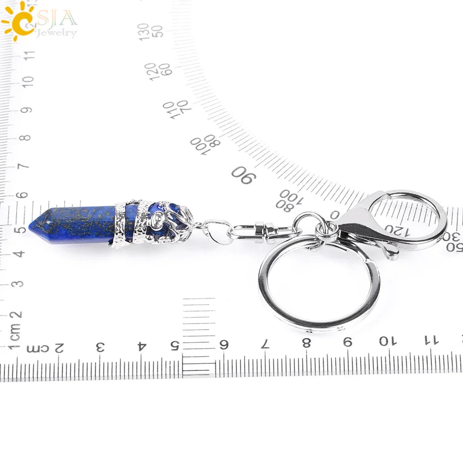 CSJA Natural Gem Stone Keychains Hexagonal Prism Point Pendant Lapis Lazuli White Crystal Opal for DIY Car Key Rings Chains E824
