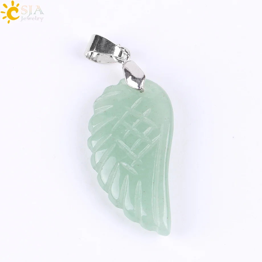 CSJA Natural Gem Stone Angel Wing Necklaces & Pendants Purple Pink Rock Crystal Lapis Lazuli Opal Green Aventurine Jewelry E768
