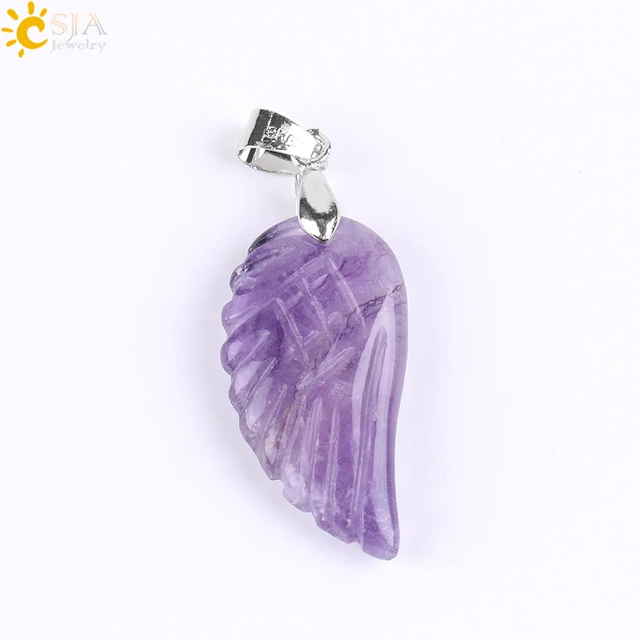 CSJA Natural Gem Stone Angel Wing Necklaces & Pendants Purple Pink Rock Crystal Lapis Lazuli Opal Green Aventurine Jewelry E768
