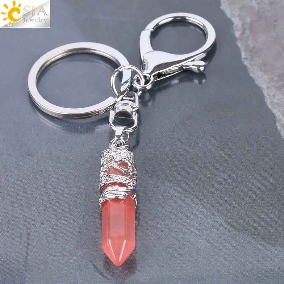 CSJA Natural Gem Stone Keychains Hexagonal Prism Point Pendant Lapis Lazuli White Crystal Opal for DIY Car Key Rings Chains E824