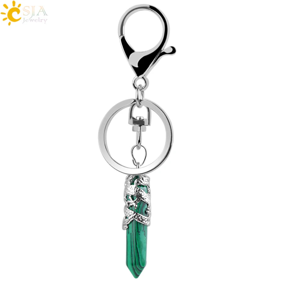 CSJA Natural Gem Stone Keychains Hexagonal Prism Point Pendant Lapis Lazuli White Crystal Opal for DIY Car Key Rings Chains E824
