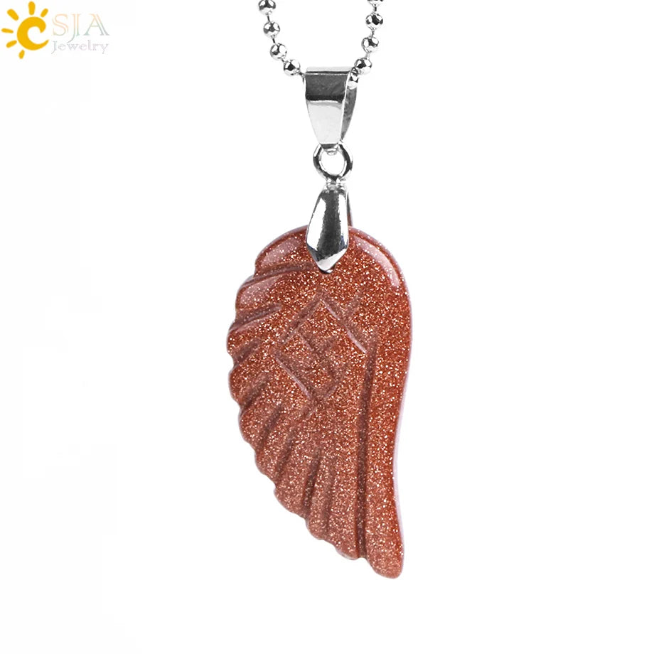 CSJA Natural Gem Stone Angel Wing Necklaces & Pendants Purple Pink Rock Crystal Lapis Lazuli Opal Green Aventurine Jewelry E768
