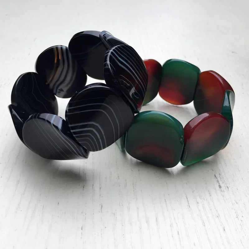 Unique Hip-Hop Jewelry, Multi-color Stripes, Botswana Agates Beads, Gem Elastic Bracelet, concave Shape 30x40mm