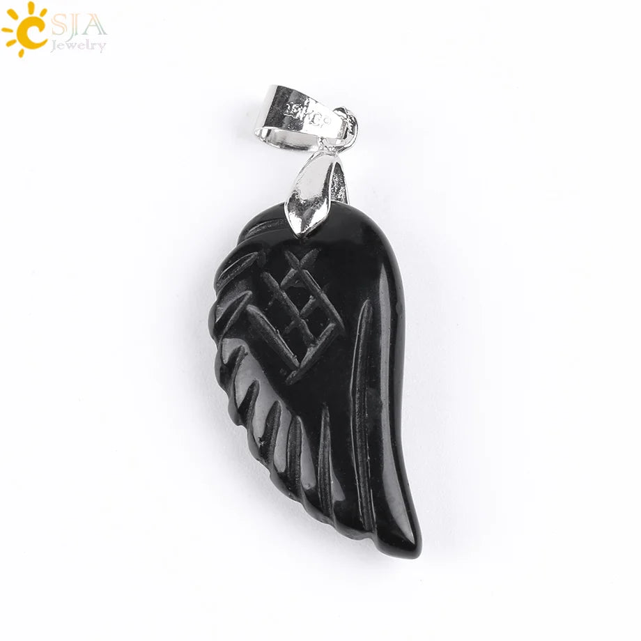 CSJA Natural Gem Stone Angel Wing Necklaces & Pendants Purple Pink Rock Crystal Lapis Lazuli Opal Green Aventurine Jewelry E768